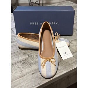 Free Assembly Womens Bow Ballet Flat Blue White Striped Memory Foam Size 8 NEW